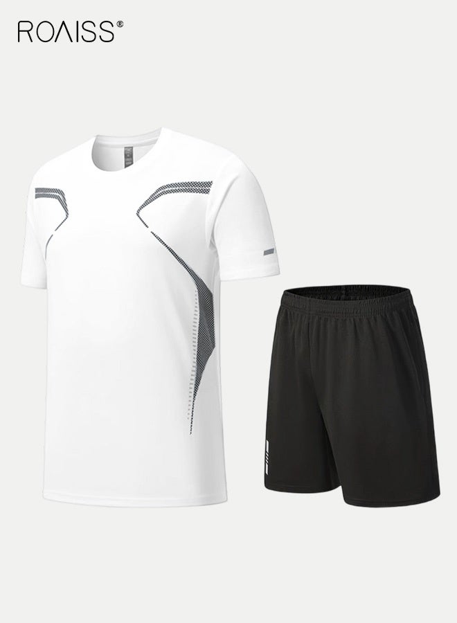 roaiss Men's Quick Dry Athletic Set, Short Sleeve T-Shirt and Elastic Waistband Shorts Activewear Set, Regular Fit Crewneck Workout Set,  Breathable Moisture Wicking Polyester Gym Outfit Set, High stretch Lightweight Sportswear Set for Running Training Boxing, White - Image 5